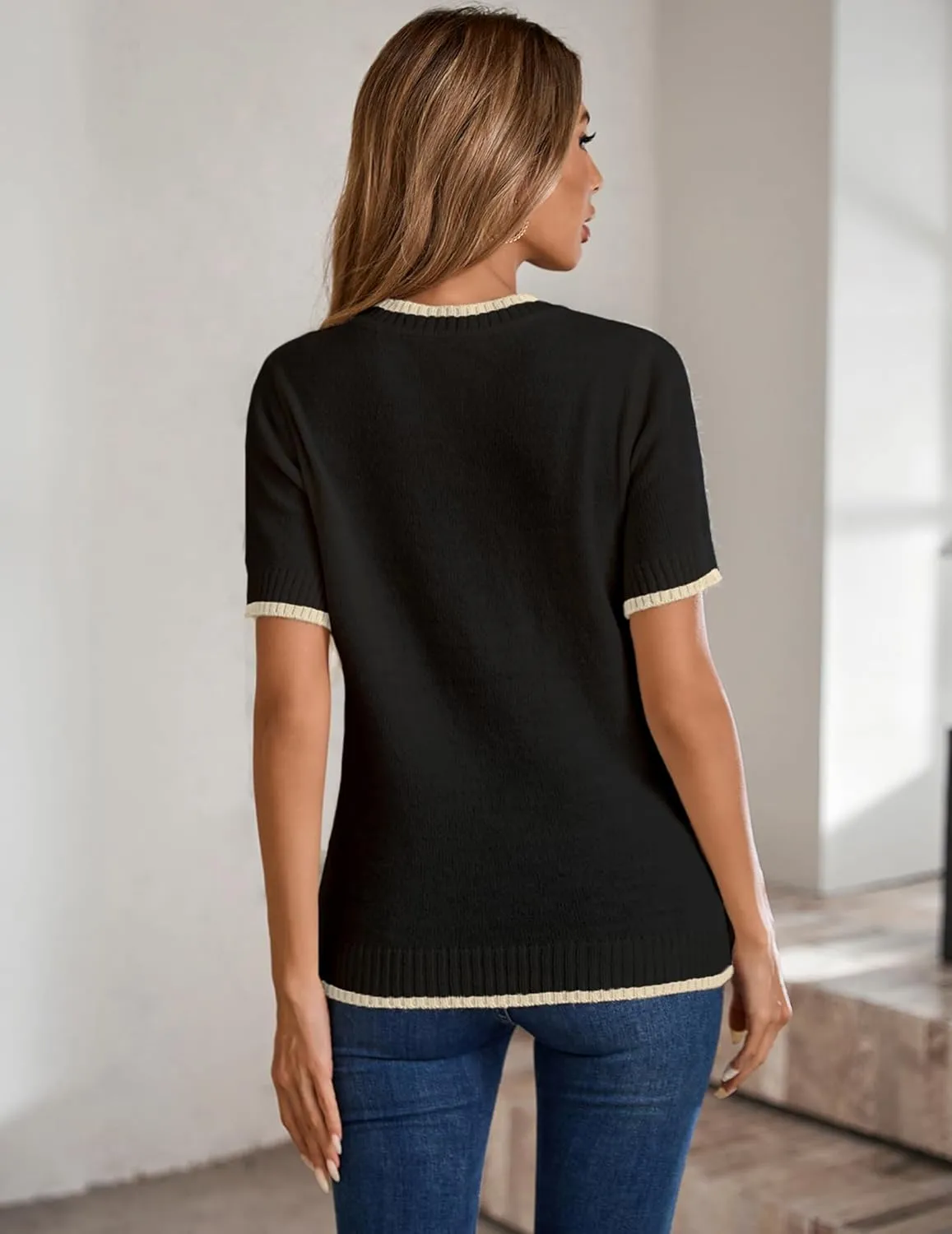 Womens Lightweight Cute Short Sleeve Sweater Spring 2025 Trendy Outfits Crewneck Thin Sheer Knit T-Shirt Tops