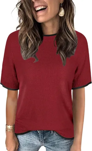 Womens Lightweight Cute Short Sleeve Sweater Spring 2025 Trendy Outfits Crewneck Thin Sheer Knit T-Shirt Tops
