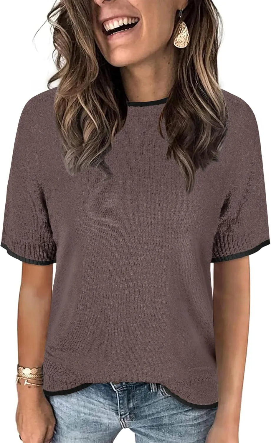 Womens Lightweight Cute Short Sleeve Sweater Spring 2025 Trendy Outfits Crewneck Thin Sheer Knit T-Shirt Tops