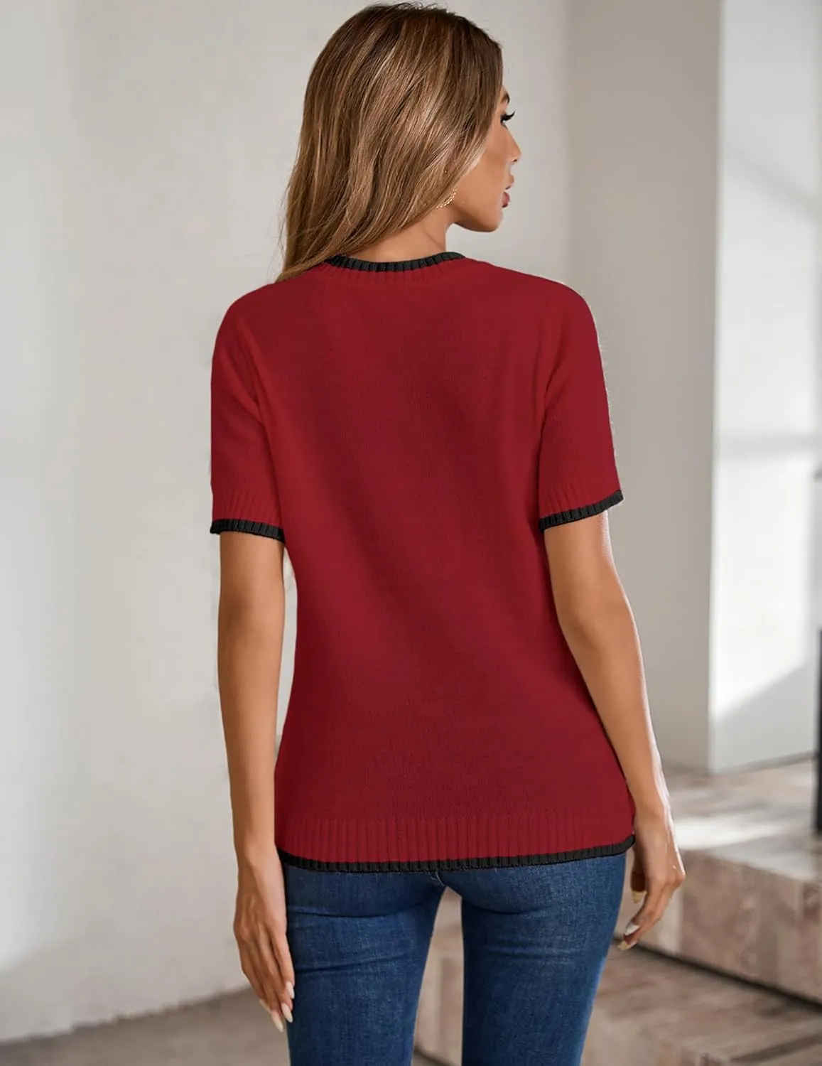 Womens Lightweight Cute Short Sleeve Sweater Spring 2025 Trendy Outfits Crewneck Thin Sheer Knit T-Shirt Tops