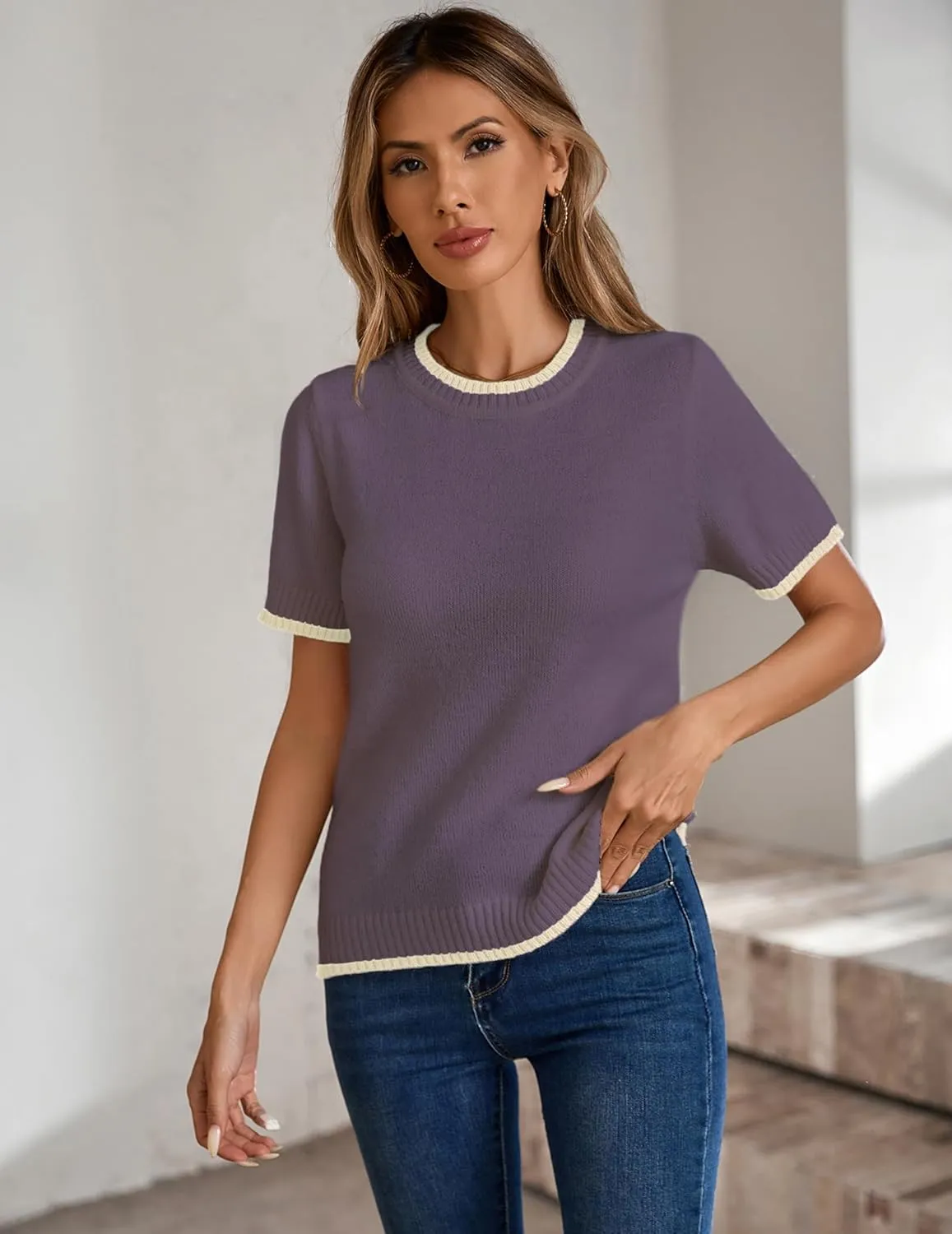 Womens Lightweight Cute Short Sleeve Sweater Spring 2025 Trendy Outfits Crewneck Thin Sheer Knit T-Shirt Tops