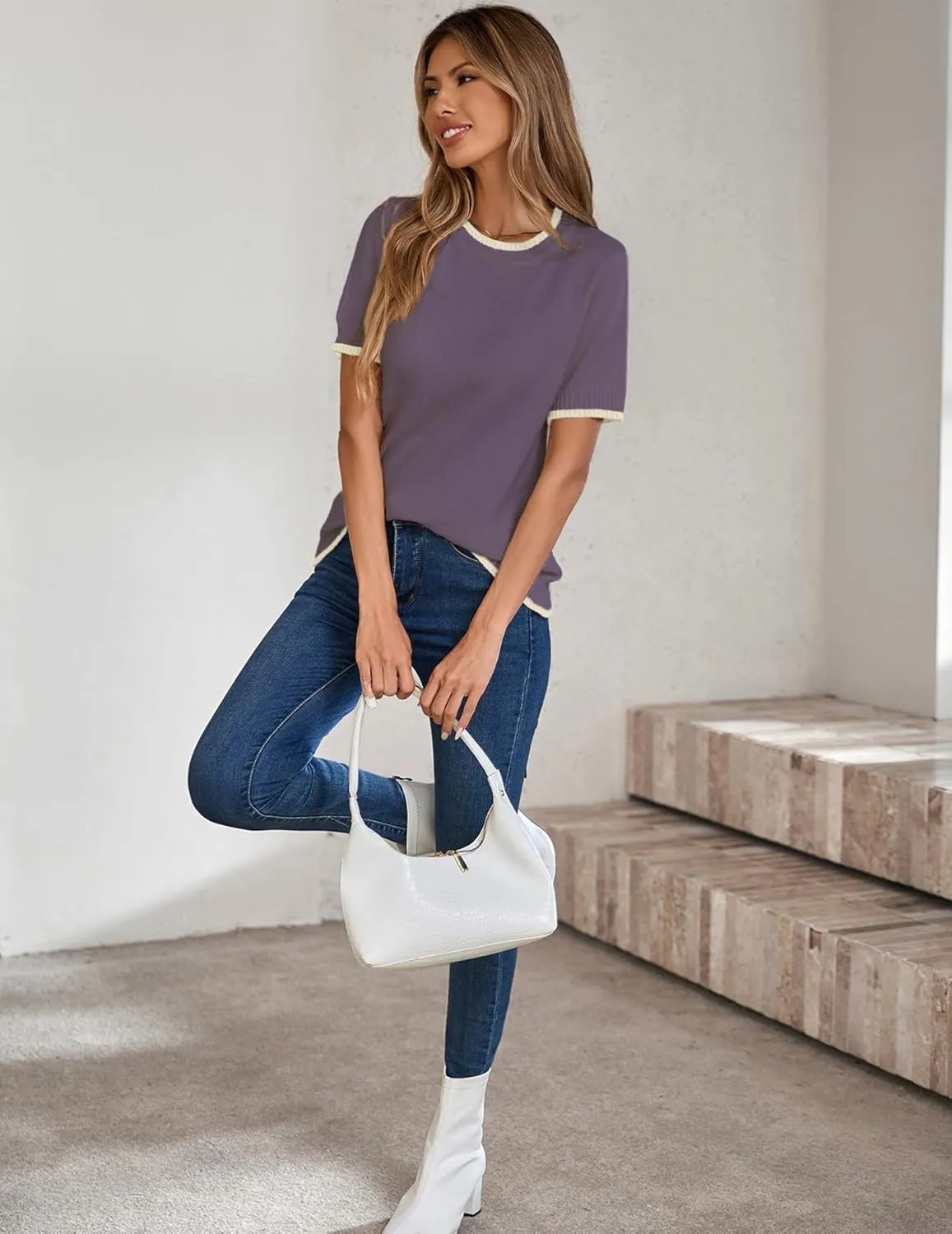Womens Lightweight Cute Short Sleeve Sweater Spring 2025 Trendy Outfits Crewneck Thin Sheer Knit T-Shirt Tops