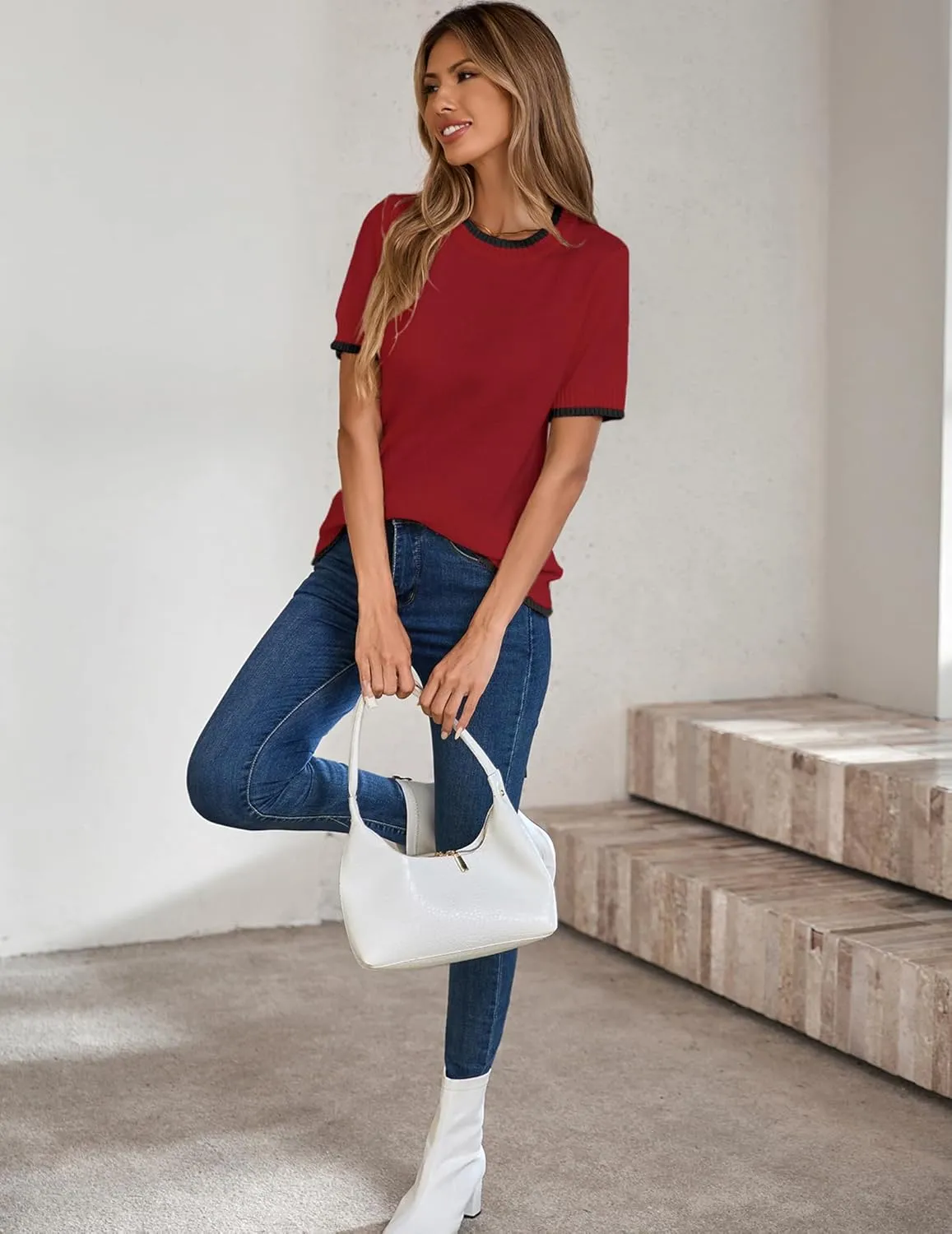 Womens Lightweight Cute Short Sleeve Sweater Spring 2025 Trendy Outfits Crewneck Thin Sheer Knit T-Shirt Tops