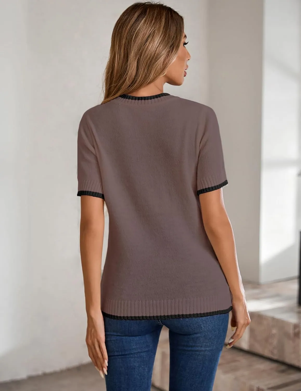 Womens Lightweight Cute Short Sleeve Sweater Spring 2025 Trendy Outfits Crewneck Thin Sheer Knit T-Shirt Tops
