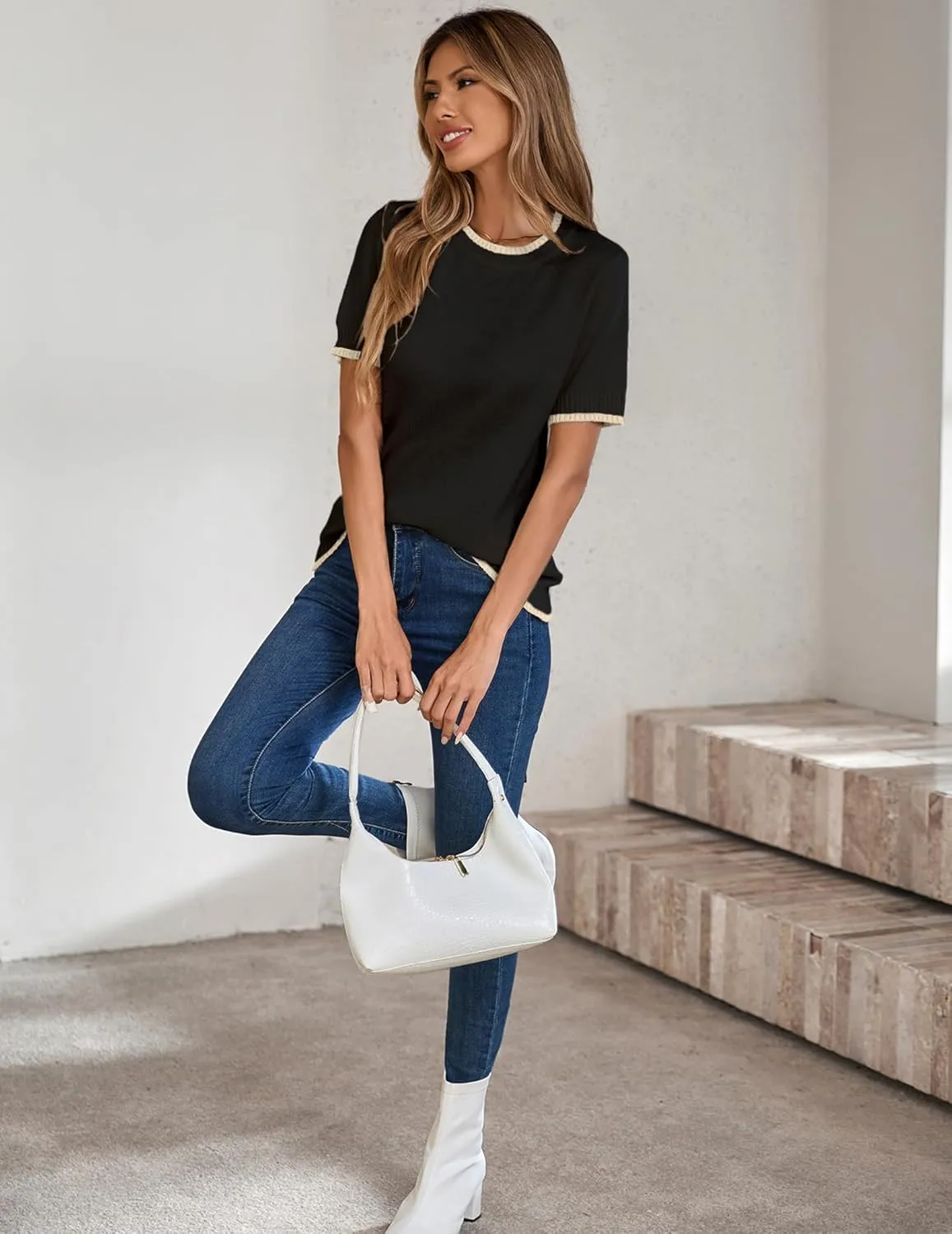 Womens Lightweight Cute Short Sleeve Sweater Spring 2025 Trendy Outfits Crewneck Thin Sheer Knit T-Shirt Tops