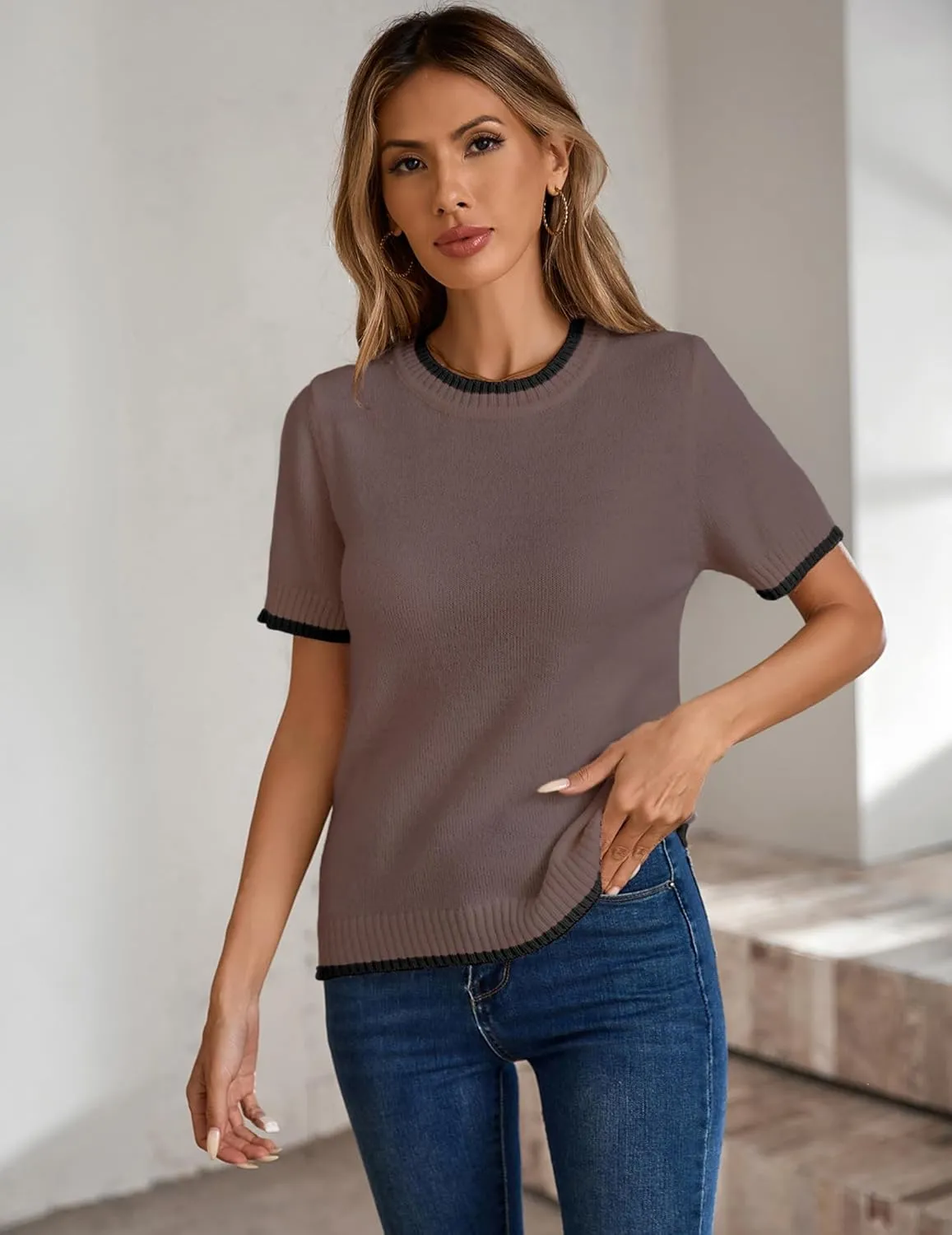 Womens Lightweight Cute Short Sleeve Sweater Spring 2025 Trendy Outfits Crewneck Thin Sheer Knit T-Shirt Tops