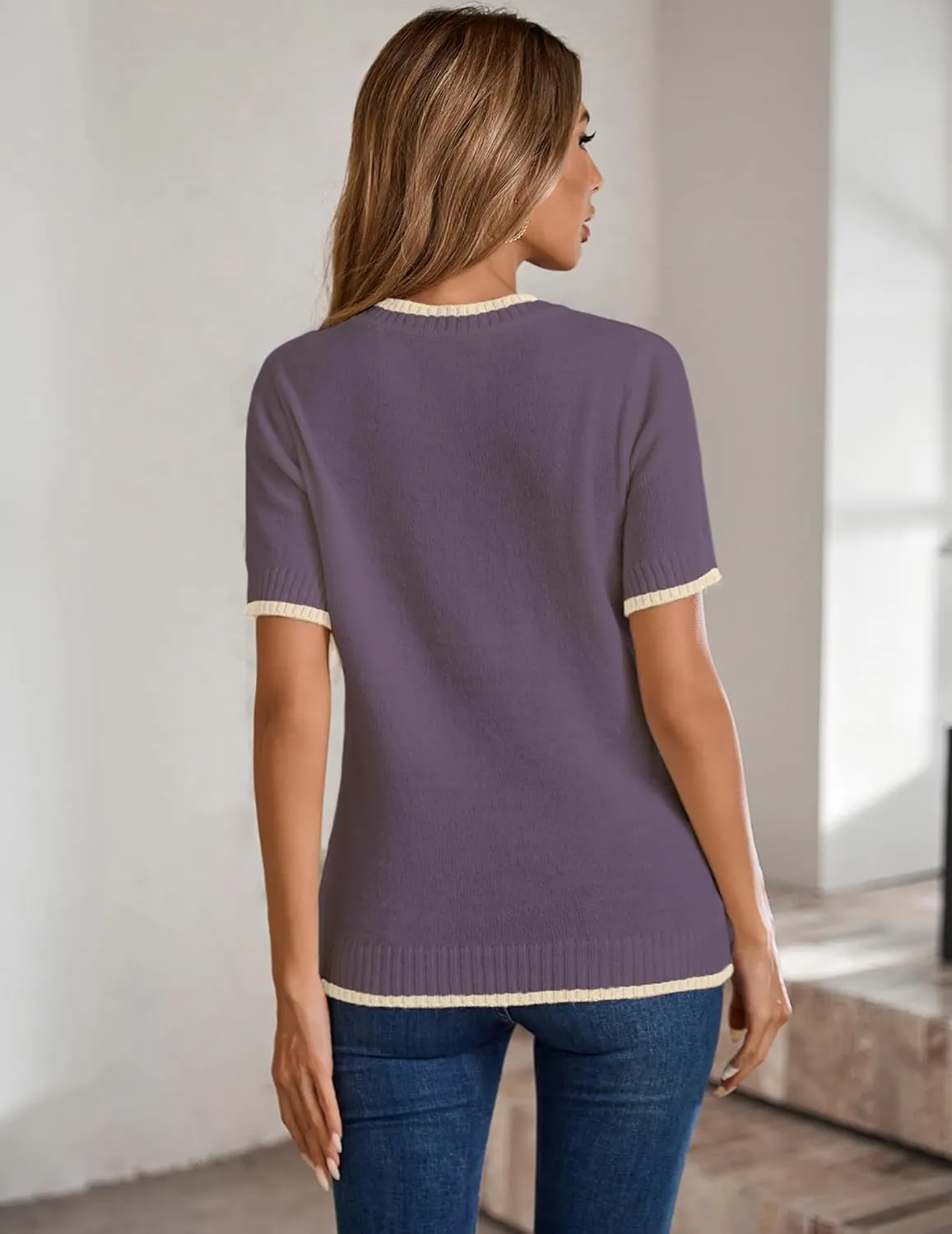 Womens Lightweight Cute Short Sleeve Sweater Spring 2025 Trendy Outfits Crewneck Thin Sheer Knit T-Shirt Tops