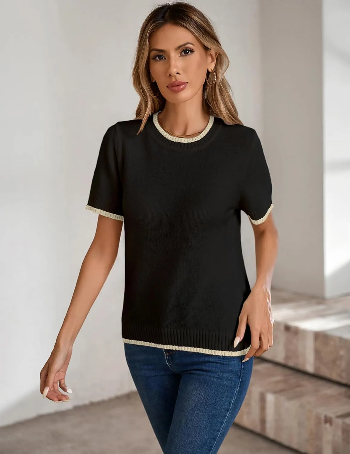 Womens Lightweight Cute Short Sleeve Sweater Spring 2025 Trendy Outfits Crewneck Thin Sheer Knit T-Shirt Tops