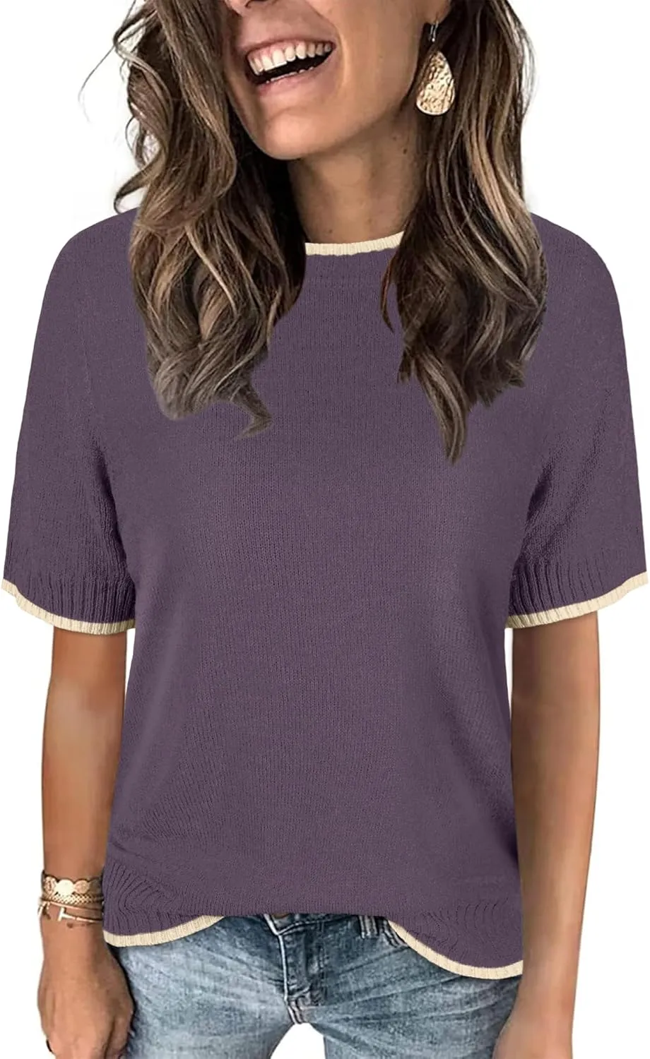 Womens Lightweight Cute Short Sleeve Sweater Spring 2025 Trendy Outfits Crewneck Thin Sheer Knit T-Shirt Tops