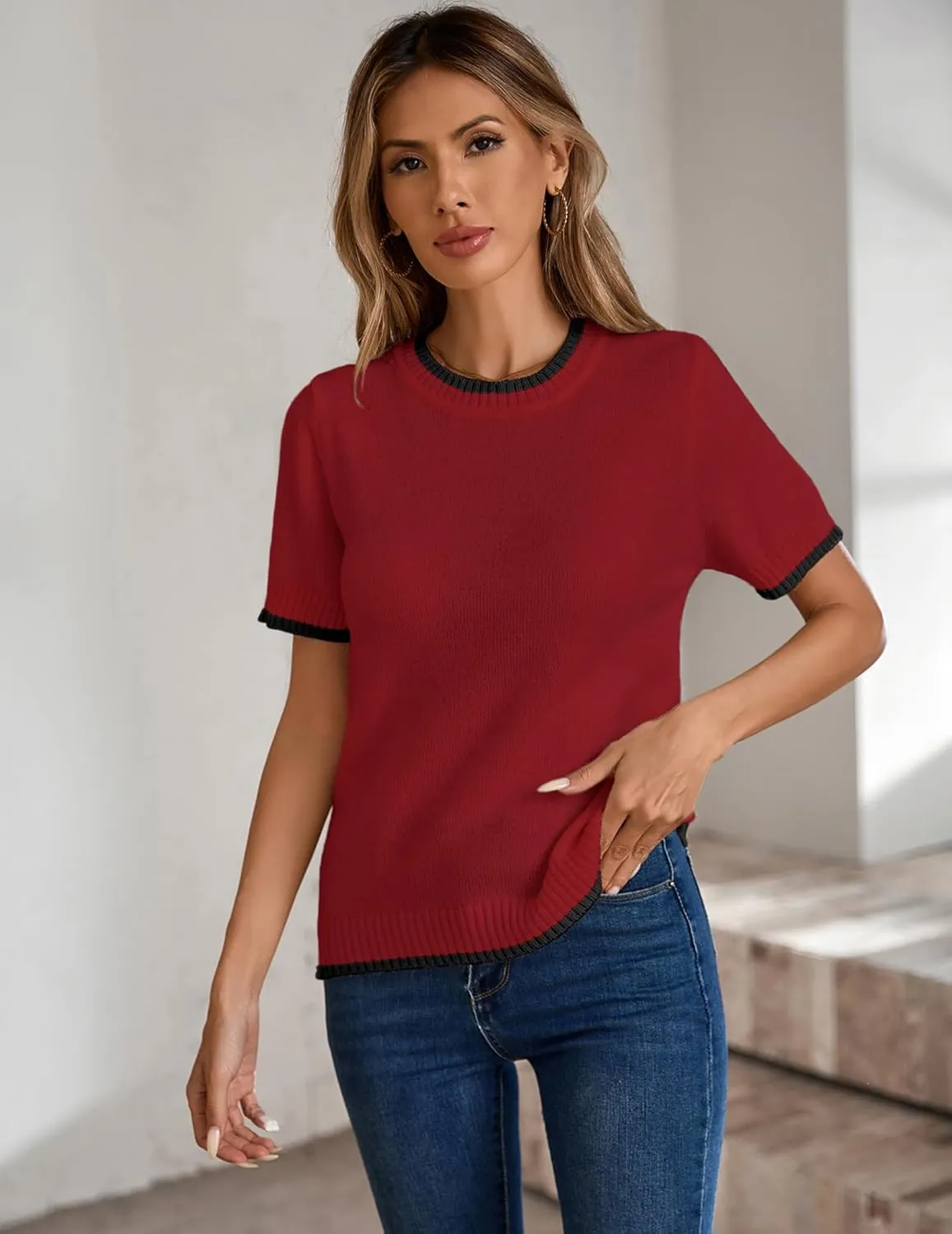 Womens Lightweight Cute Short Sleeve Sweater Spring 2025 Trendy Outfits Crewneck Thin Sheer Knit T-Shirt Tops