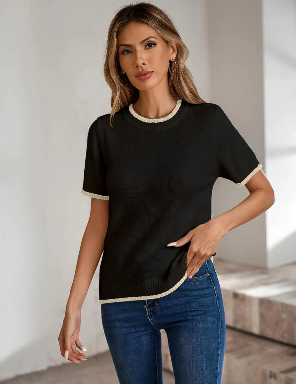 Womens Lightweight Cute Short Sleeve Sweater Spring 2025 Trendy Outfits Crewneck Thin Sheer Knit T-Shirt Tops