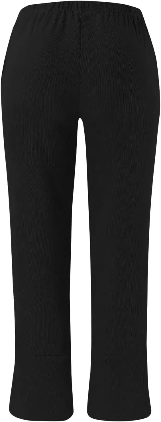 Womens Linen Pants Casual Elastic High Waist Summer Pants Comfy Relax Fit Palazzo Pants Split Trouser Legs