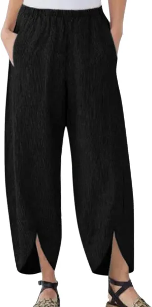 Womens Linen Pants Casual Elastic High Waist Summer Pants Comfy Relax Fit Palazzo Pants Split Trouser Legs