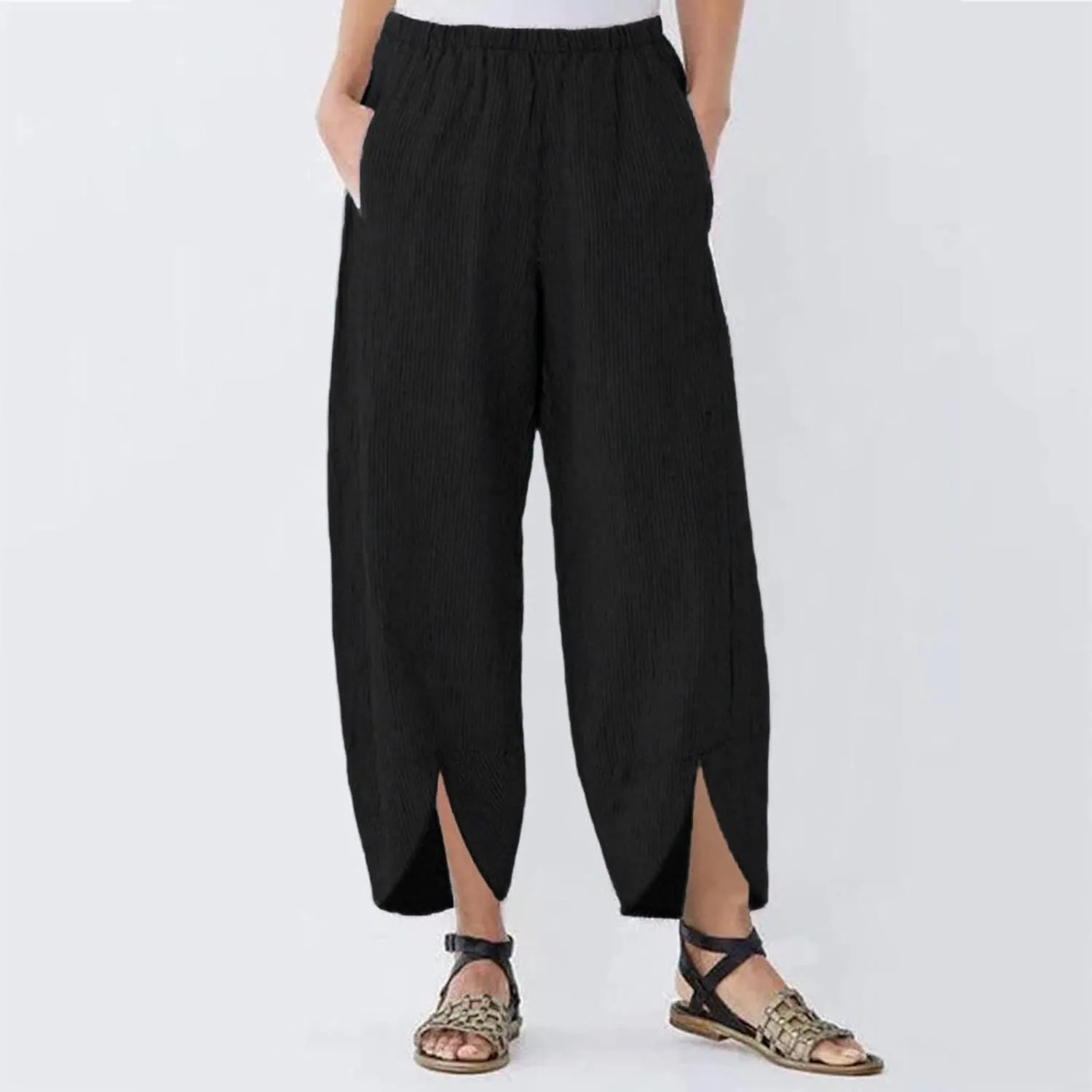 Womens Linen Pants Casual Elastic High Waist Summer Pants Comfy Relax Fit Palazzo Pants Split Trouser Legs