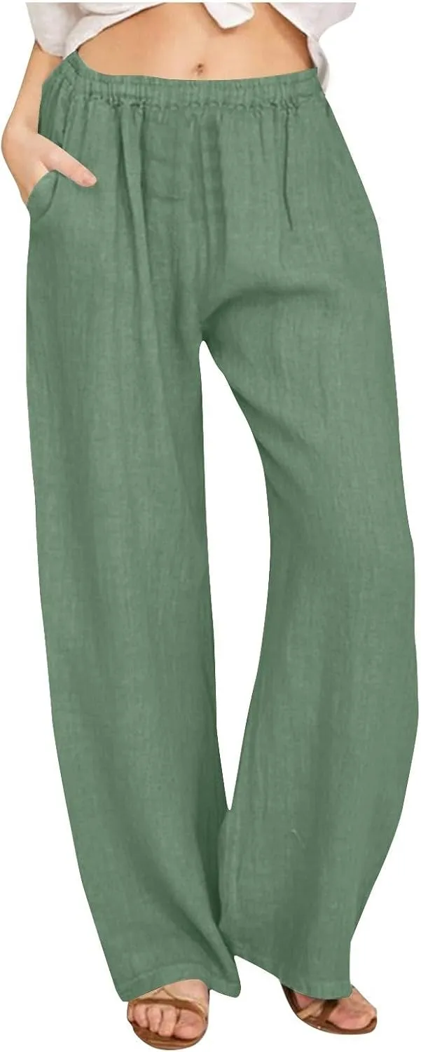 Women's Linen Wide Leg Pants Casual Loose Elastic Waisted Casual Summer Barrel Beach Palazzo Loose Fit Trousers