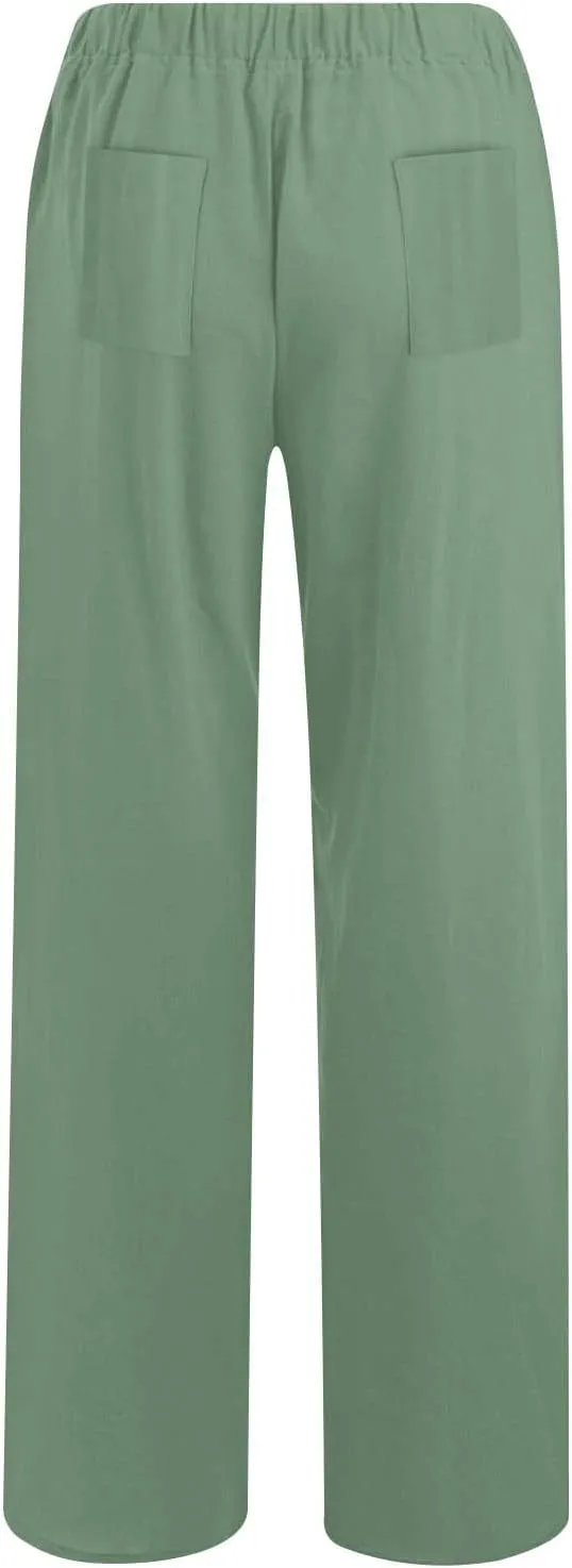 Women's Linen Wide Leg Pants Casual Loose Elastic Waisted Casual Summer Barrel Beach Palazzo Loose Fit Trousers