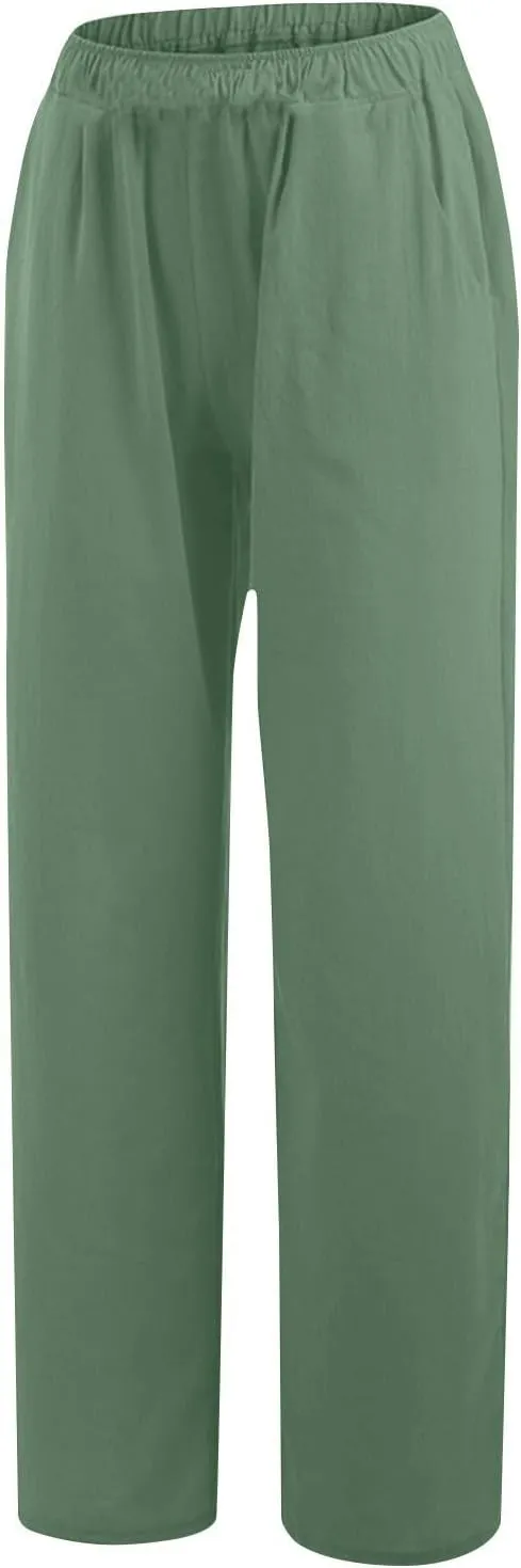 Women's Linen Wide Leg Pants Casual Loose Elastic Waisted Casual Summer Barrel Beach Palazzo Loose Fit Trousers