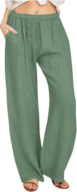 Women's Linen Wide Leg Pants Casual Loose Elastic Waisted Casual Summer Barrel Beach Palazzo Loose Fit Trousers