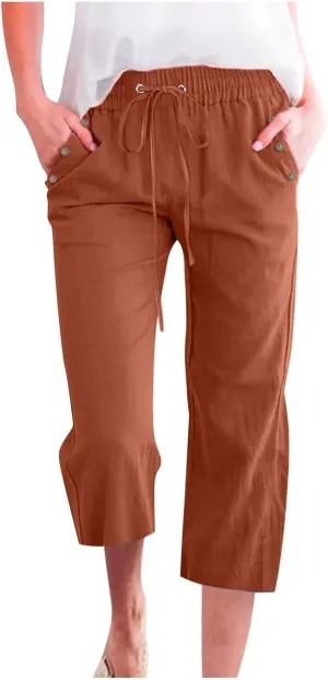 Womens Pants Plus Size Cotton Linen Elastic Waist Casual Summer Slacks Casual Petite Maternity Clothes Womens Cotton Pants