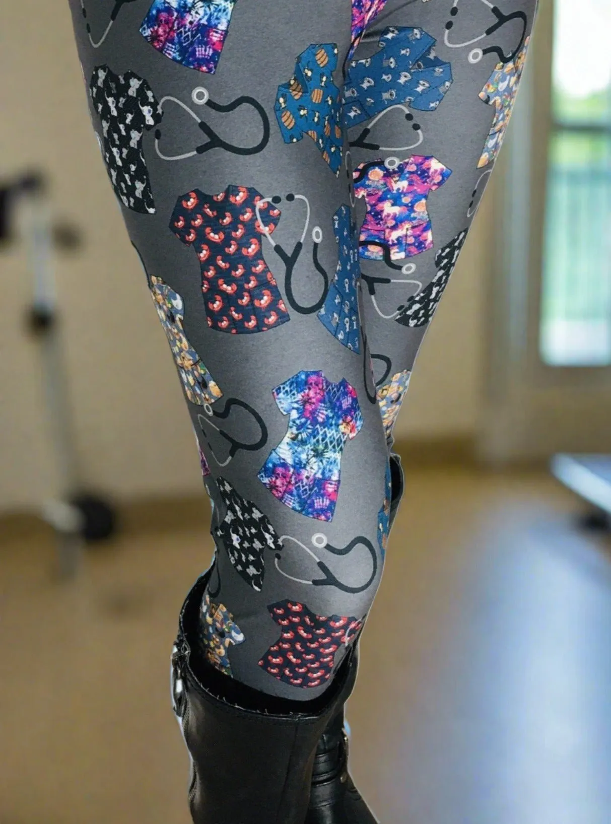 Womens RN Nurse Leggings, Soft Yoga Pants, Sizes OS/TC, Yoga Waist, Gray/Multi, Exclusive Leggings