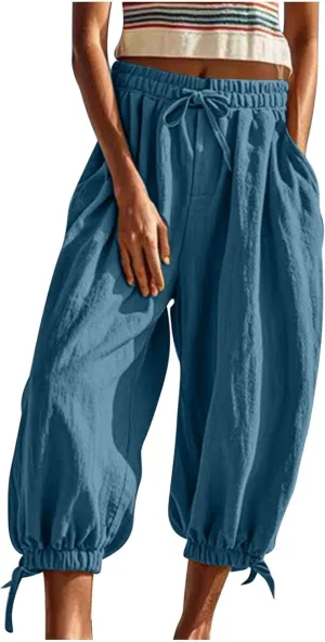 Womens Summer Linen Pants Harem Palazzo Trousers Casual Smocked Waist Flowy Slack Beach Trousers with Pocket