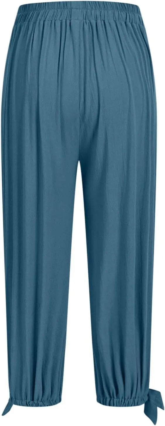 Womens Summer Linen Pants Harem Palazzo Trousers Casual Smocked Waist Flowy Slack Beach Trousers with Pocket
