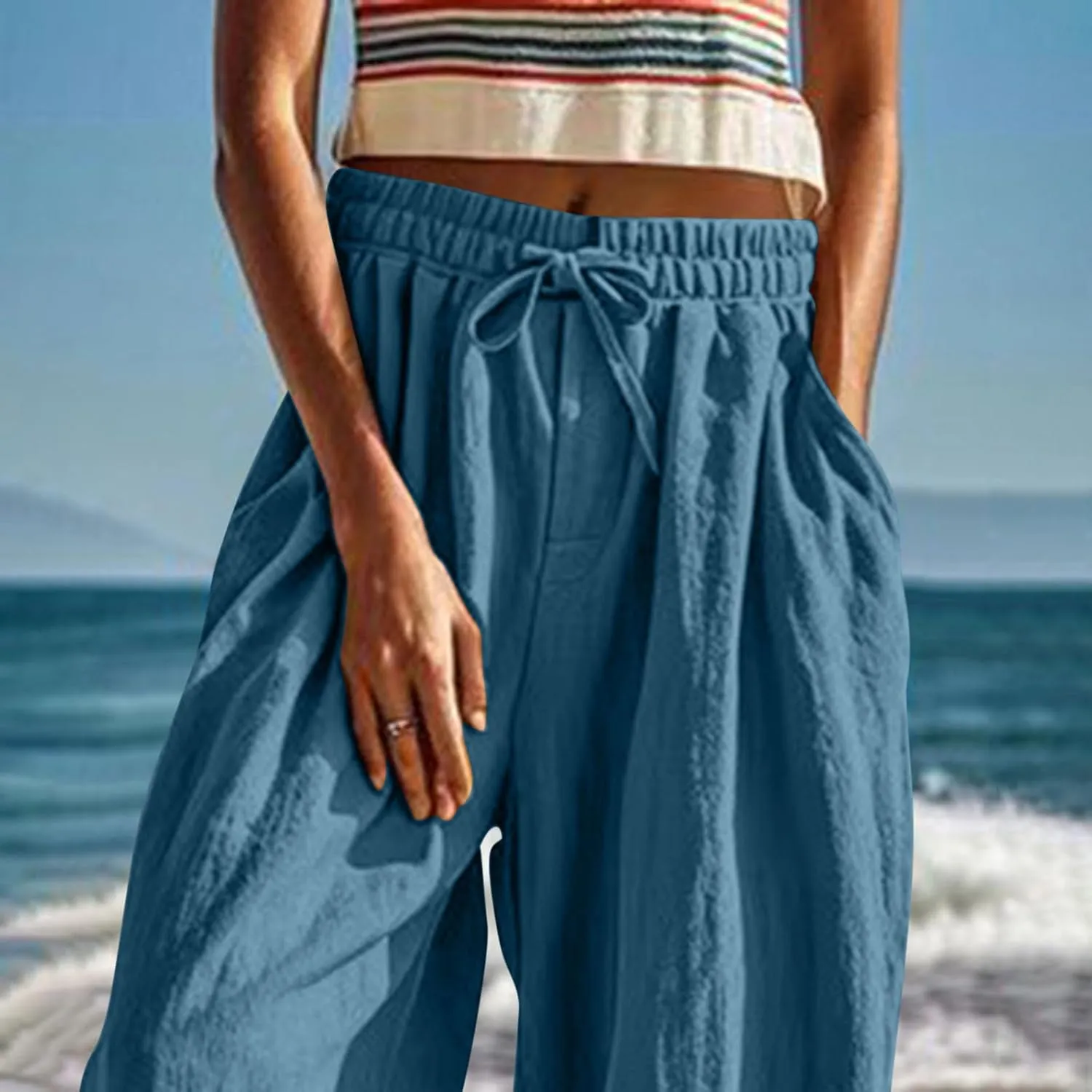 Womens Summer Linen Pants Harem Palazzo Trousers Casual Smocked Waist Flowy Slack Beach Trousers with Pocket