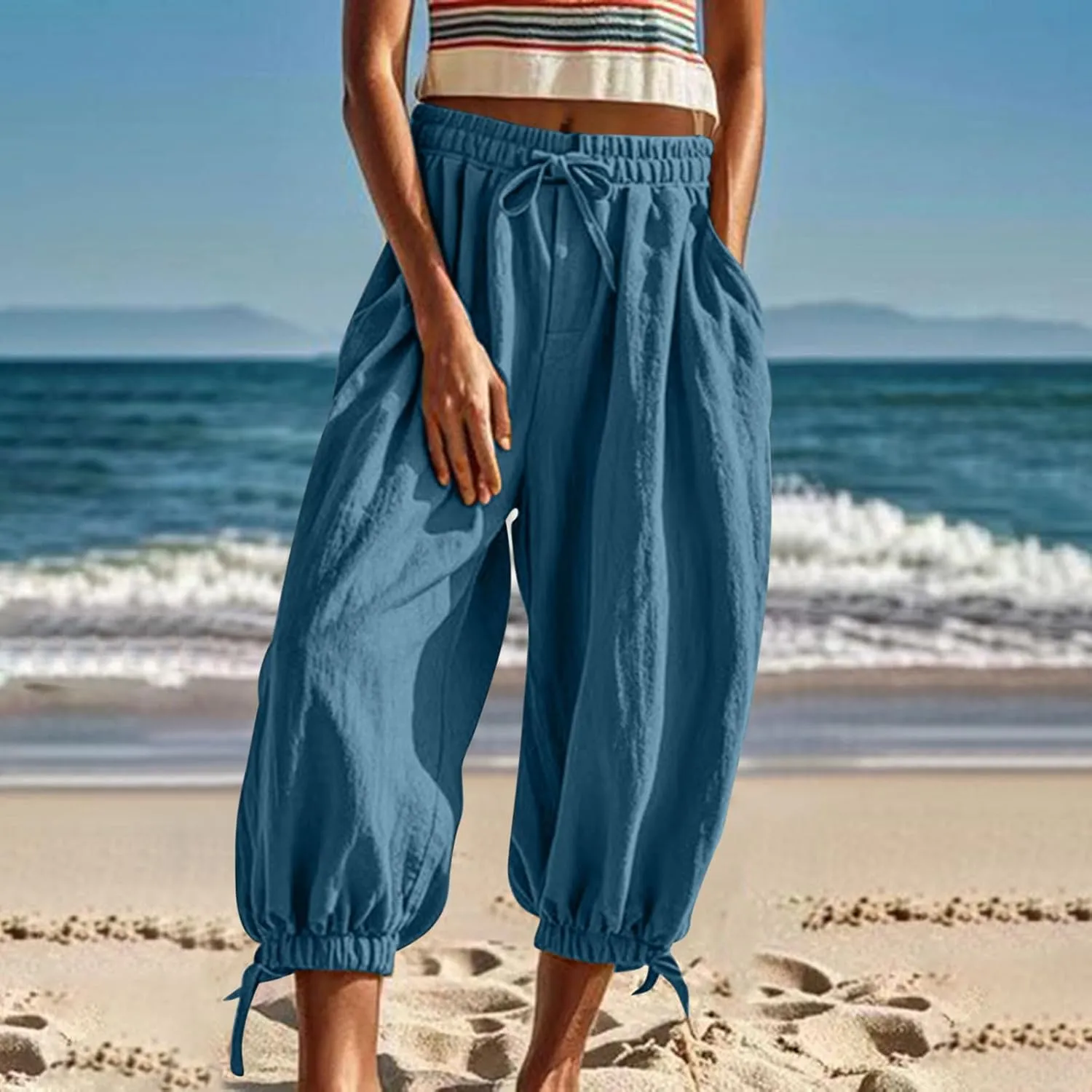 Womens Summer Linen Pants Harem Palazzo Trousers Casual Smocked Waist Flowy Slack Beach Trousers with Pocket