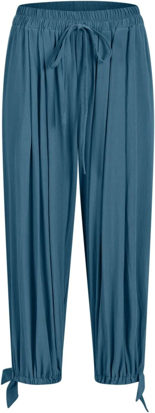 Womens Summer Linen Pants Harem Palazzo Trousers Casual Smocked Waist Flowy Slack Beach Trousers with Pocket