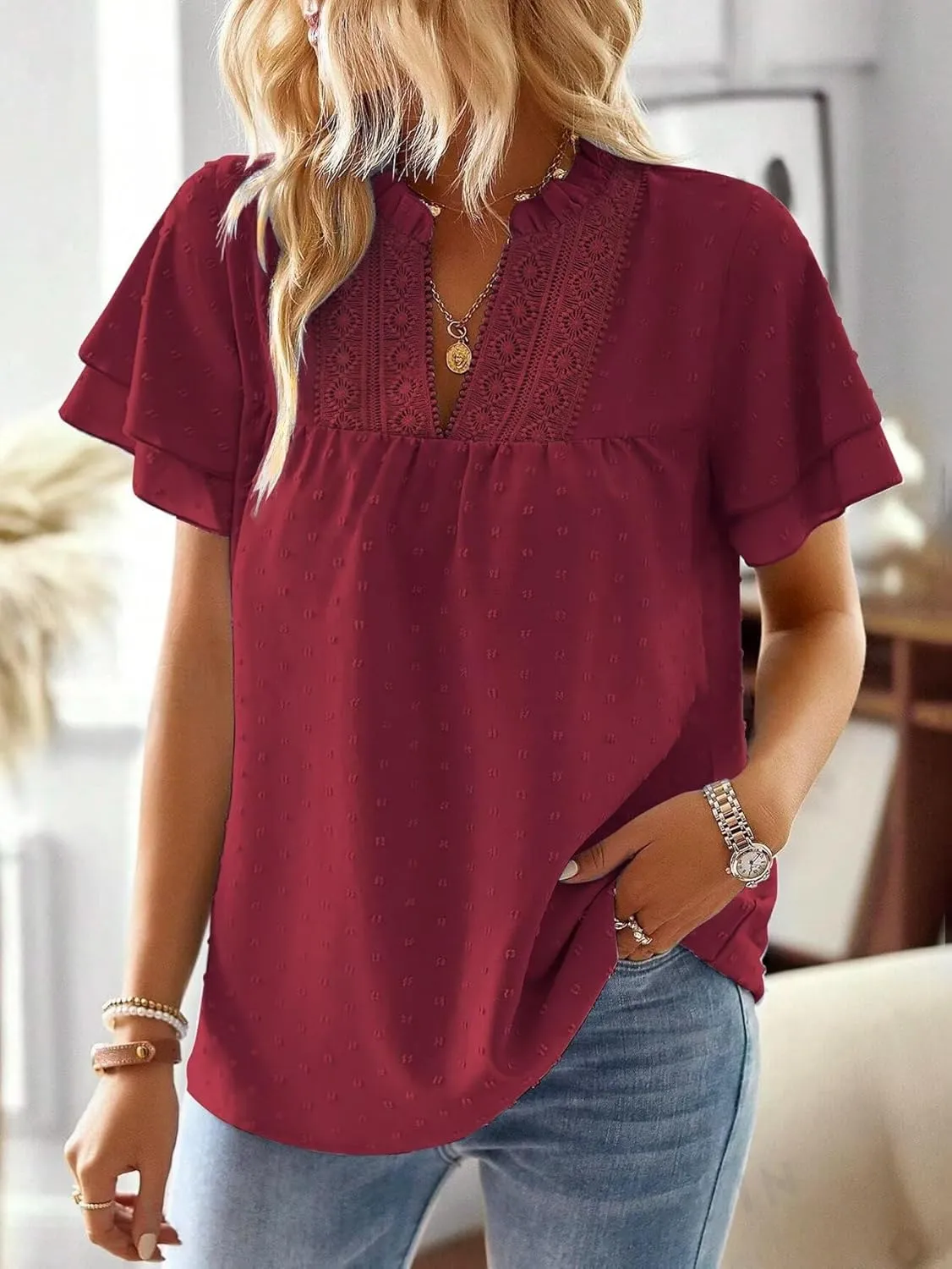 Womens Tops Butterfly Sleeve V Neck Blouses for Women Dressy Casual Flowy Swiss Dot Ruffle Short Sleeve Shirts