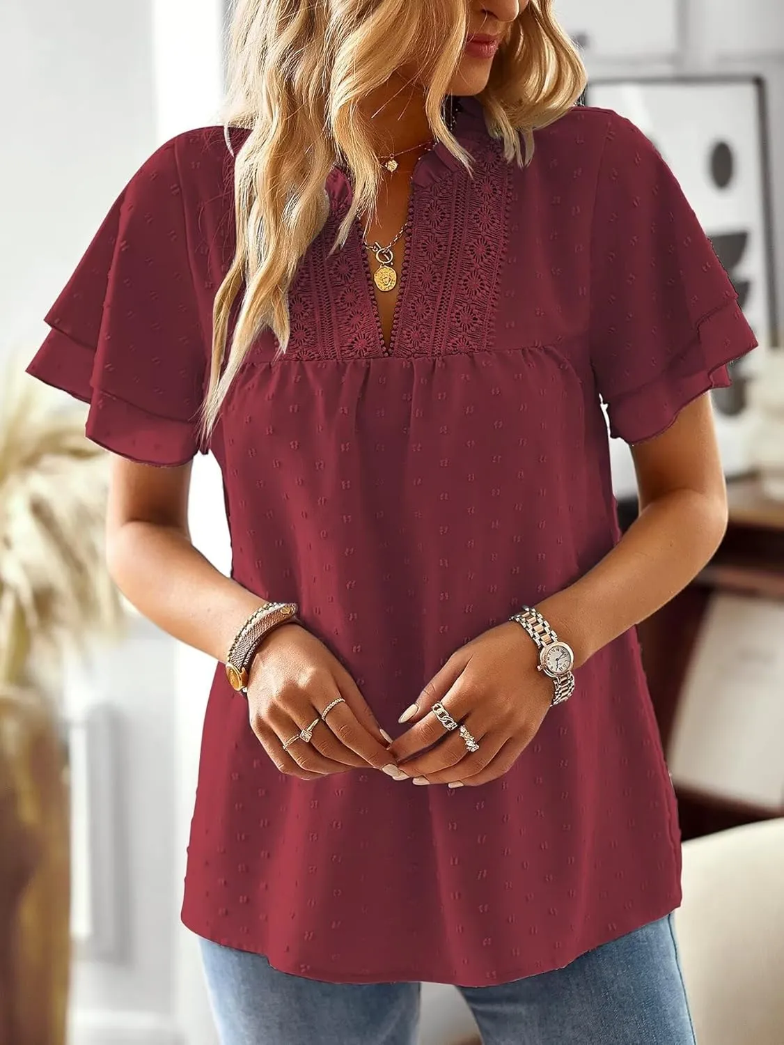Womens Tops Butterfly Sleeve V Neck Blouses for Women Dressy Casual Flowy Swiss Dot Ruffle Short Sleeve Shirts