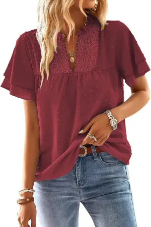 Womens Tops Butterfly Sleeve V Neck Blouses for Women Dressy Casual Flowy Swiss Dot Ruffle Short Sleeve Shirts