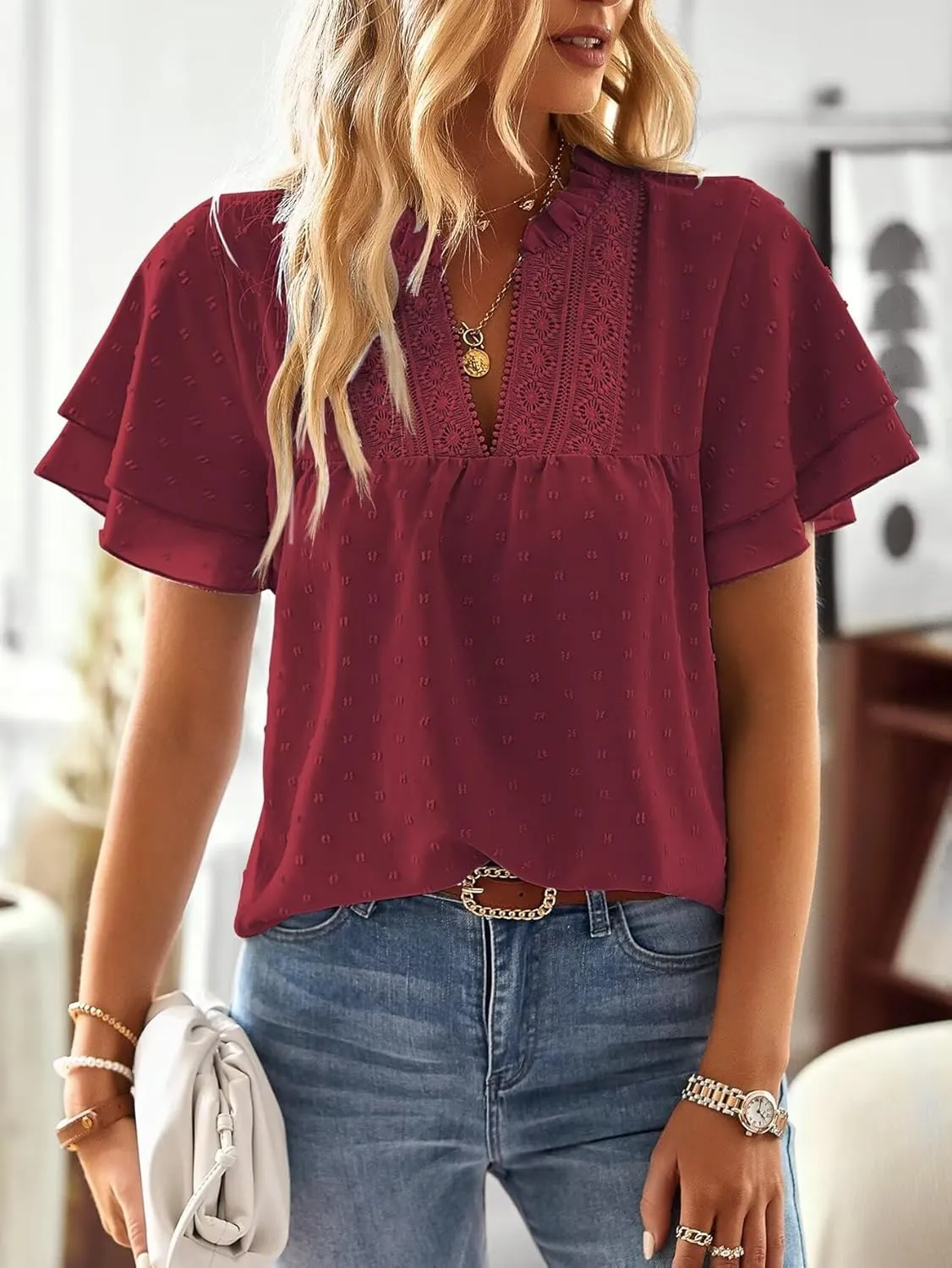 Womens Tops Butterfly Sleeve V Neck Blouses for Women Dressy Casual Flowy Swiss Dot Ruffle Short Sleeve Shirts