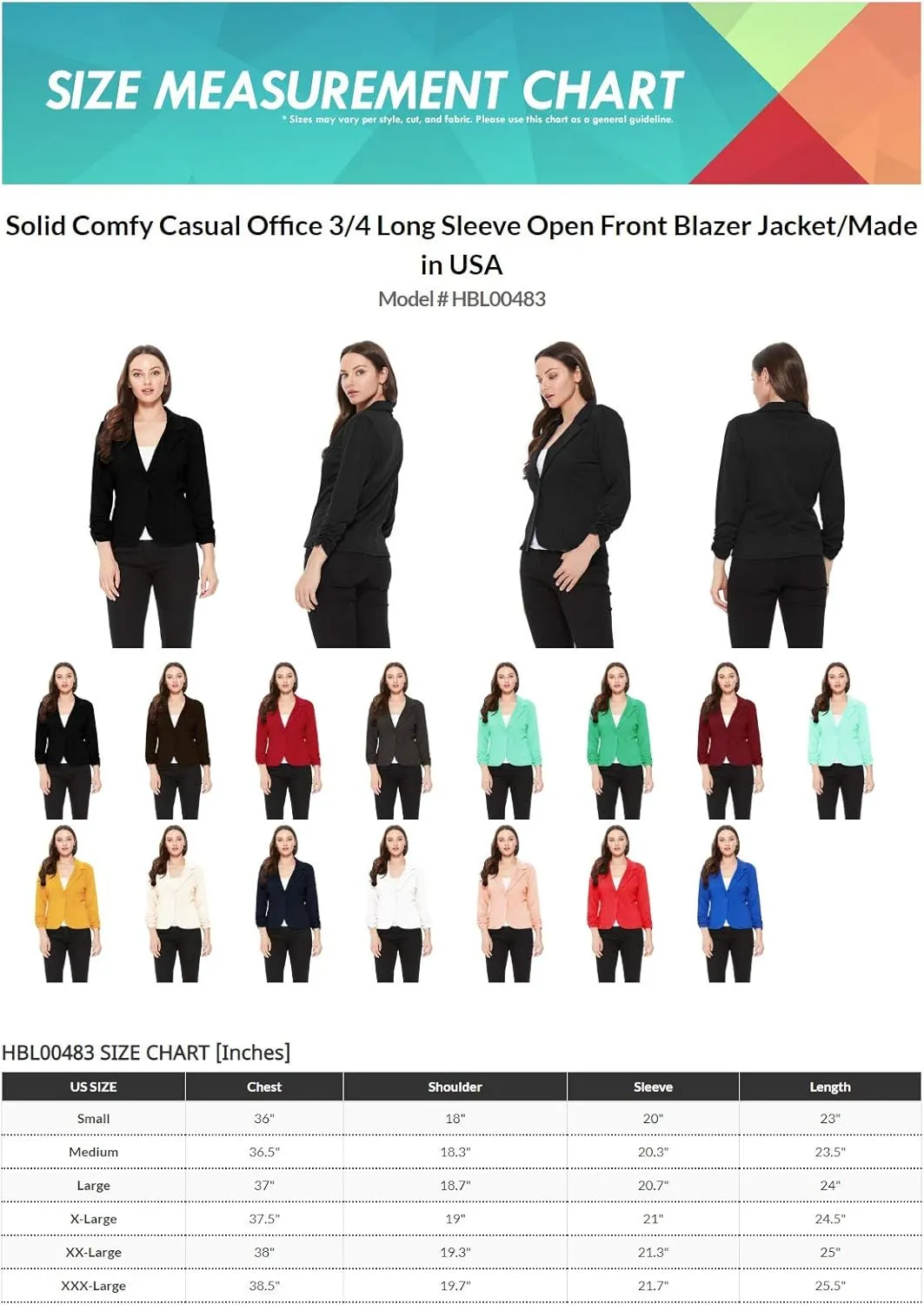 Women's Women's Comfy Casual Office 3/4 Long Sleeve Open Front Blazer Jacket US Size